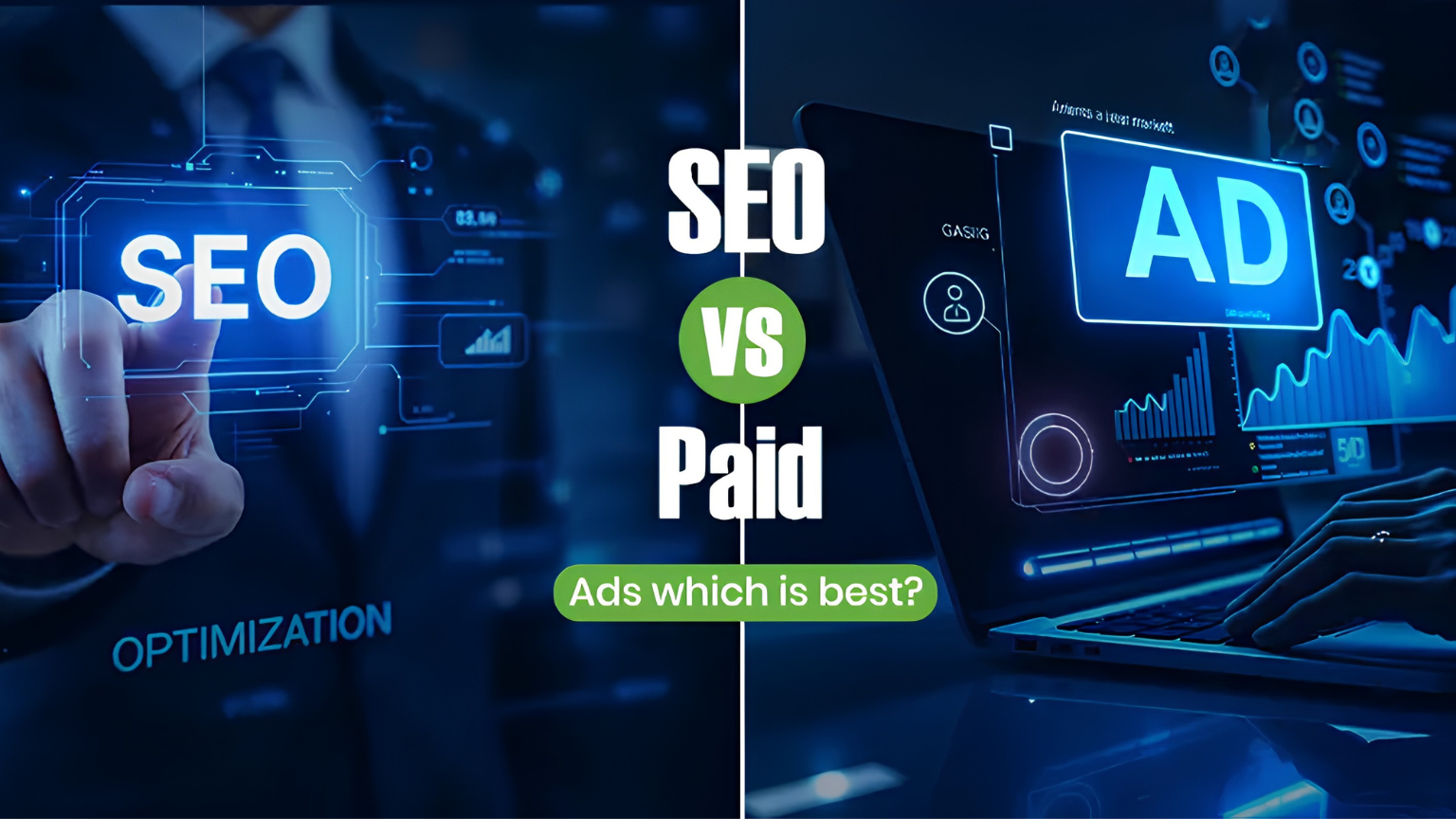 Digital marketing comparison showing SEO (Search Engine Optimization) on one side and Paid Ads on the other, illustrating the difference between organic search rankings and paid advertising strategies for businesses looking to improve online visibility and generate leads.
